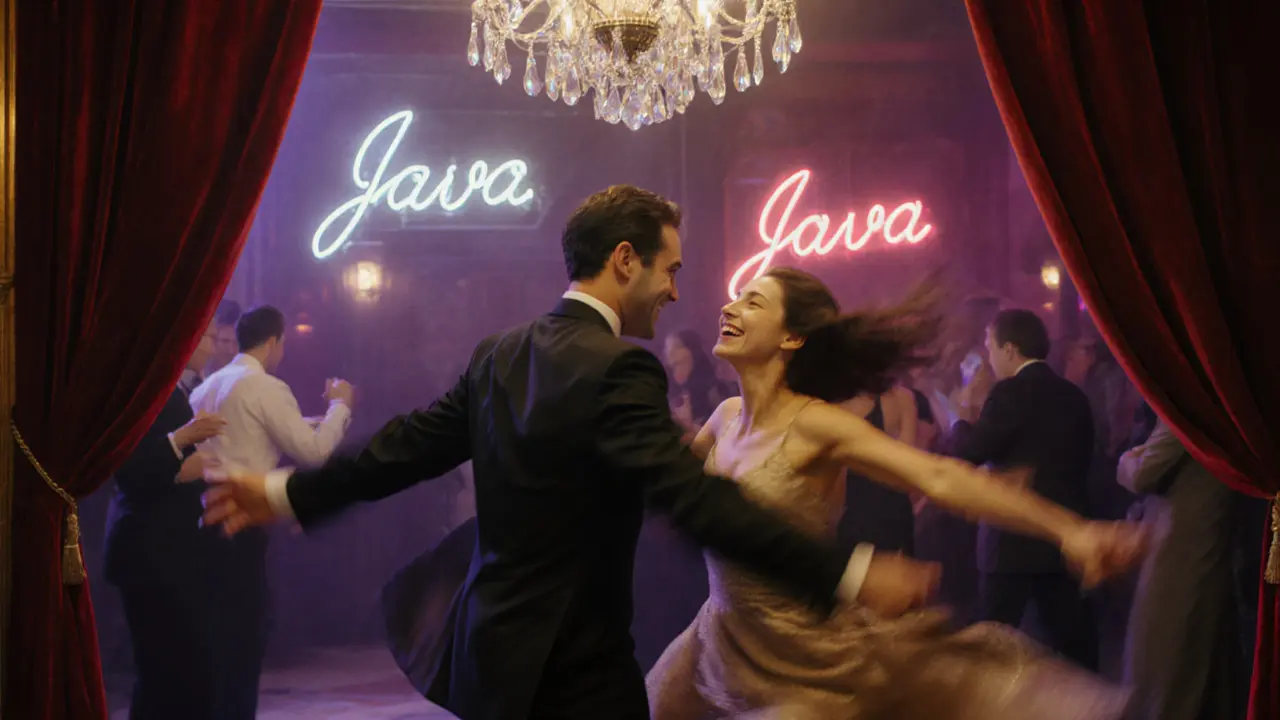 Des danseurs en mouvement sous un lustre de cristal dans une salle de danse vintage de Paris, entourés de velours rouge et de lumières tamisées.