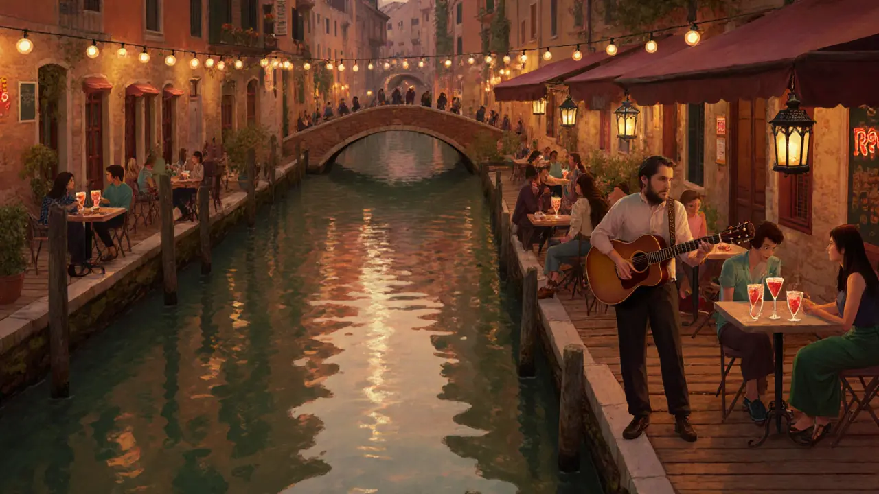 Des gens profitent d&#039;une soirée détendue au bord du canal Naviglio Grande, avec des lanternes et des musiciens.