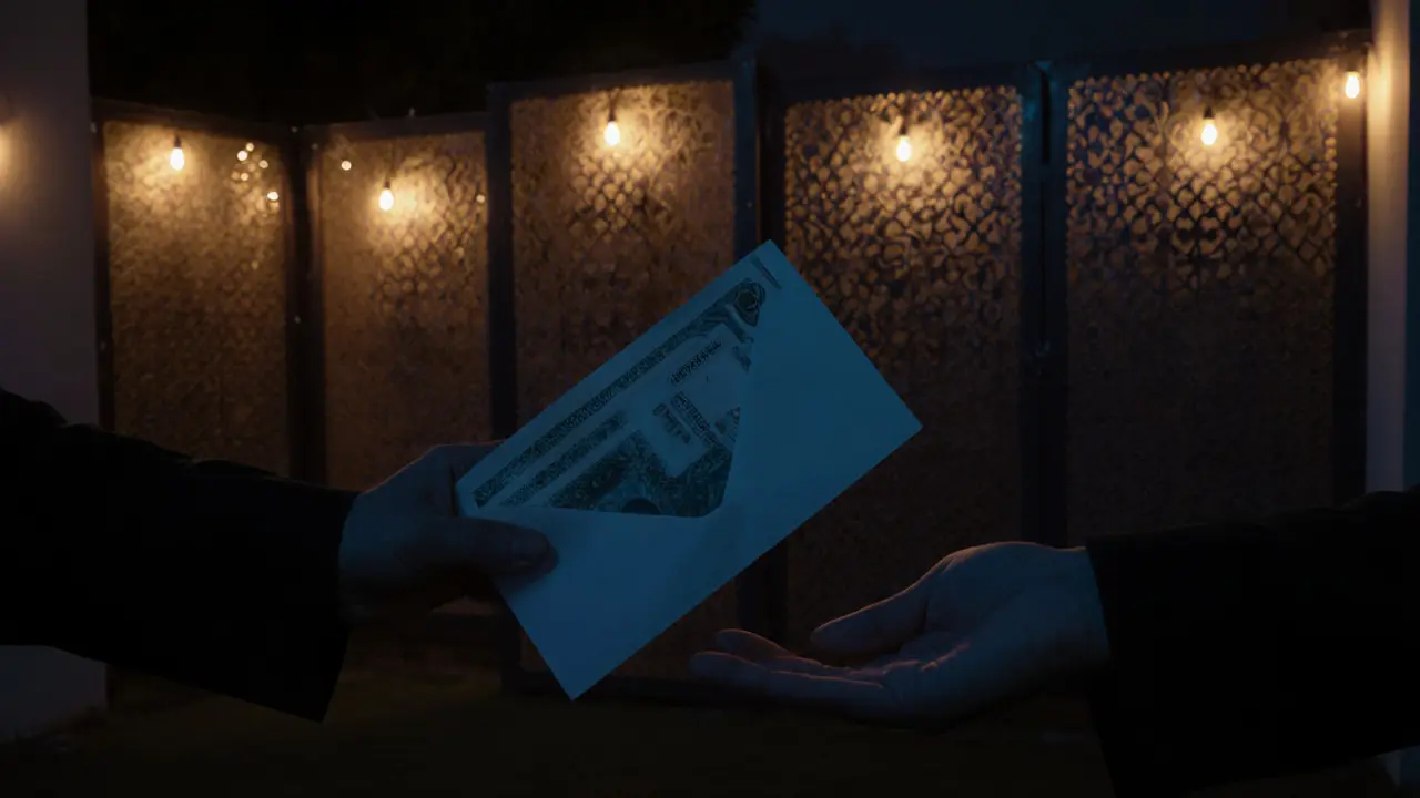 Des mains échangeant un enveloppe en espèces dans un jardin de villa, dans l&#039;ombre de motifs arabes, sans visages visibles.