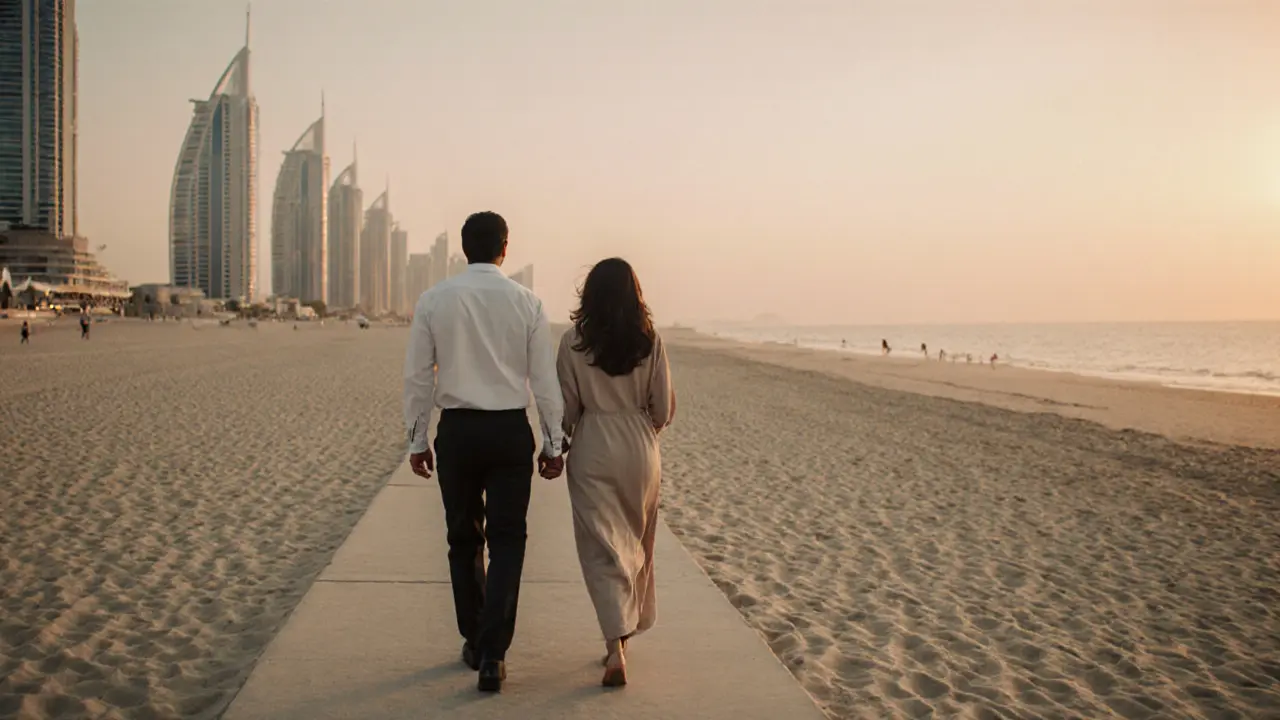 Deux personnes marchent discrètement sur une plage de Dubaï au coucher du soleil, dans une atmosphère de respect et de sérénité.