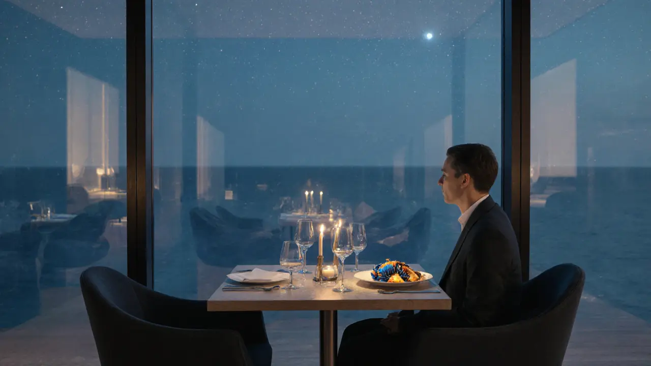 Dîner silencieux à Aqua, table en verre surplombant la mer sous la lueur des bougies.