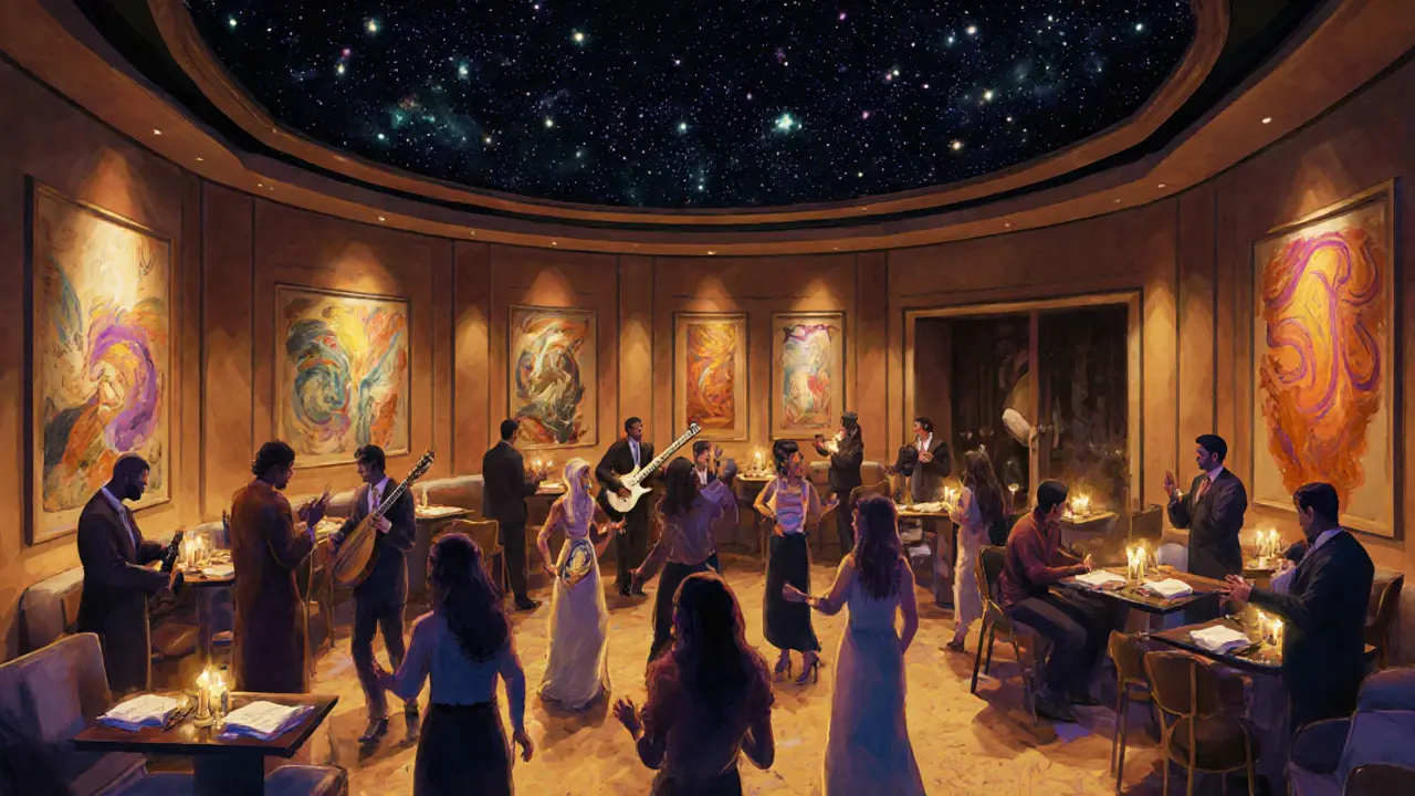 Diverse crowd at Club 360 dancing to Arabic jazz and modern beats under projected stars in an elegant setting.