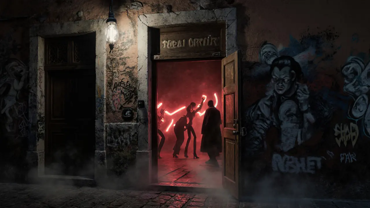 Entrée secrète de Teatro degli Orrori, porte entrebâillée révélant des lumières rouges et des silhouettes dansantes dans une ruelle sombre.