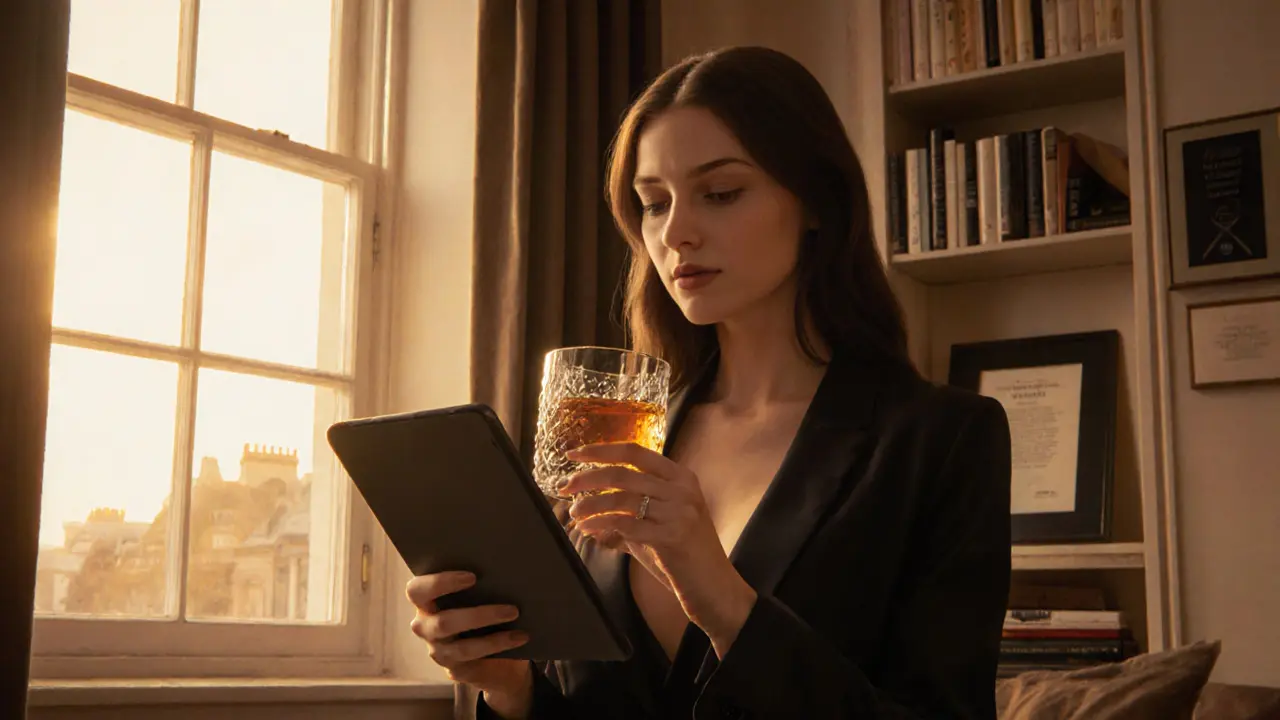 Femme dans un appartement de Chelsea, tenant une tasse de thé, diplôme et livres visibles, lumière dorée à travers les fenêtres.