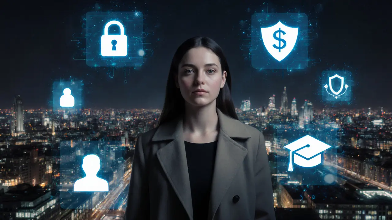 Femme sur un toit de Londres, entourée d&#039;icônes numériques symbolisant sécurité, revenu et autonomie, avec la ville en arrière-plan.