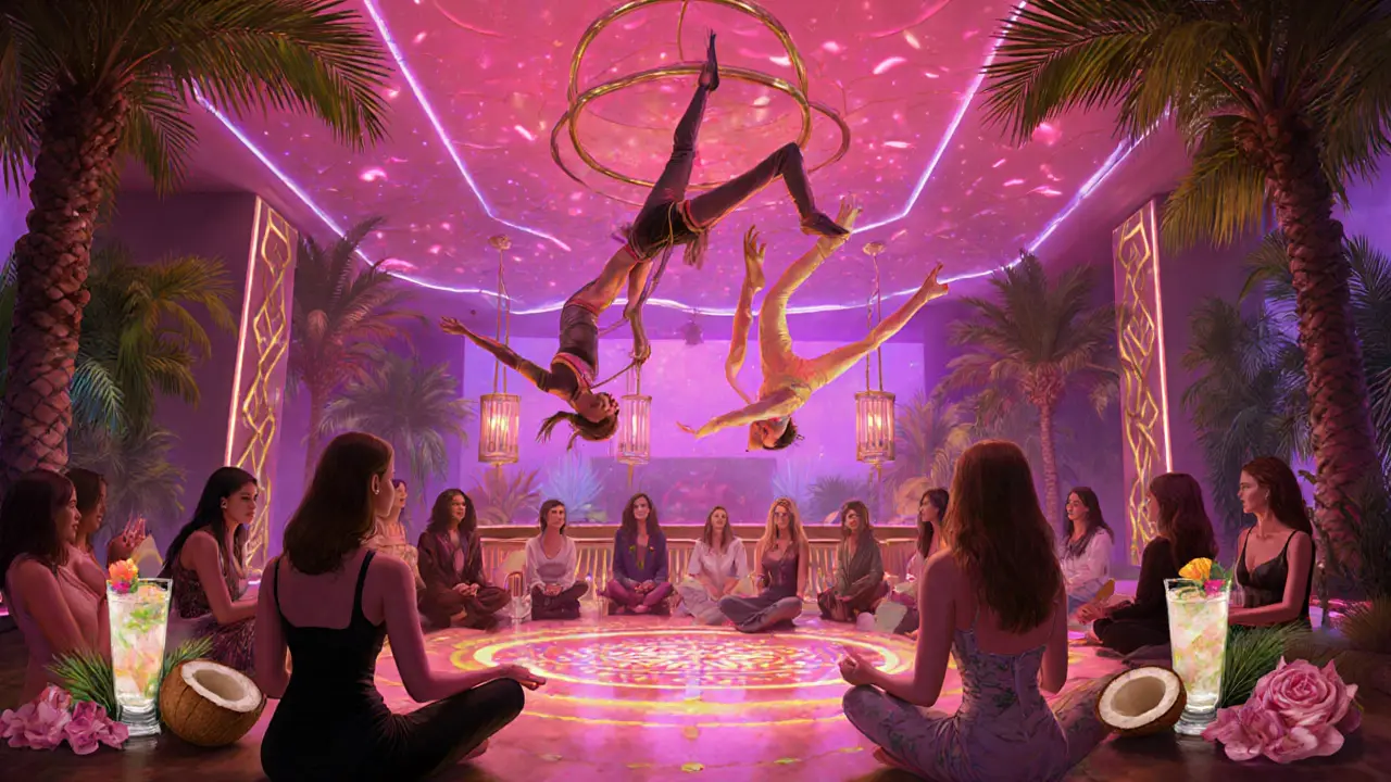 Femmes dansant et méditant dans un club nocturne aux lumières néon, avec des verres en forme de palmier.