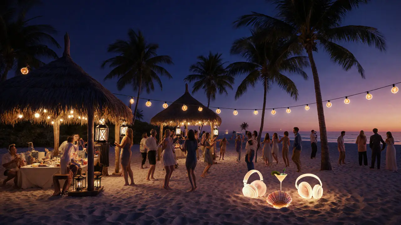 Fête à la plage à La Mer avec des cabines éclairées et des danseurs sur le sable.