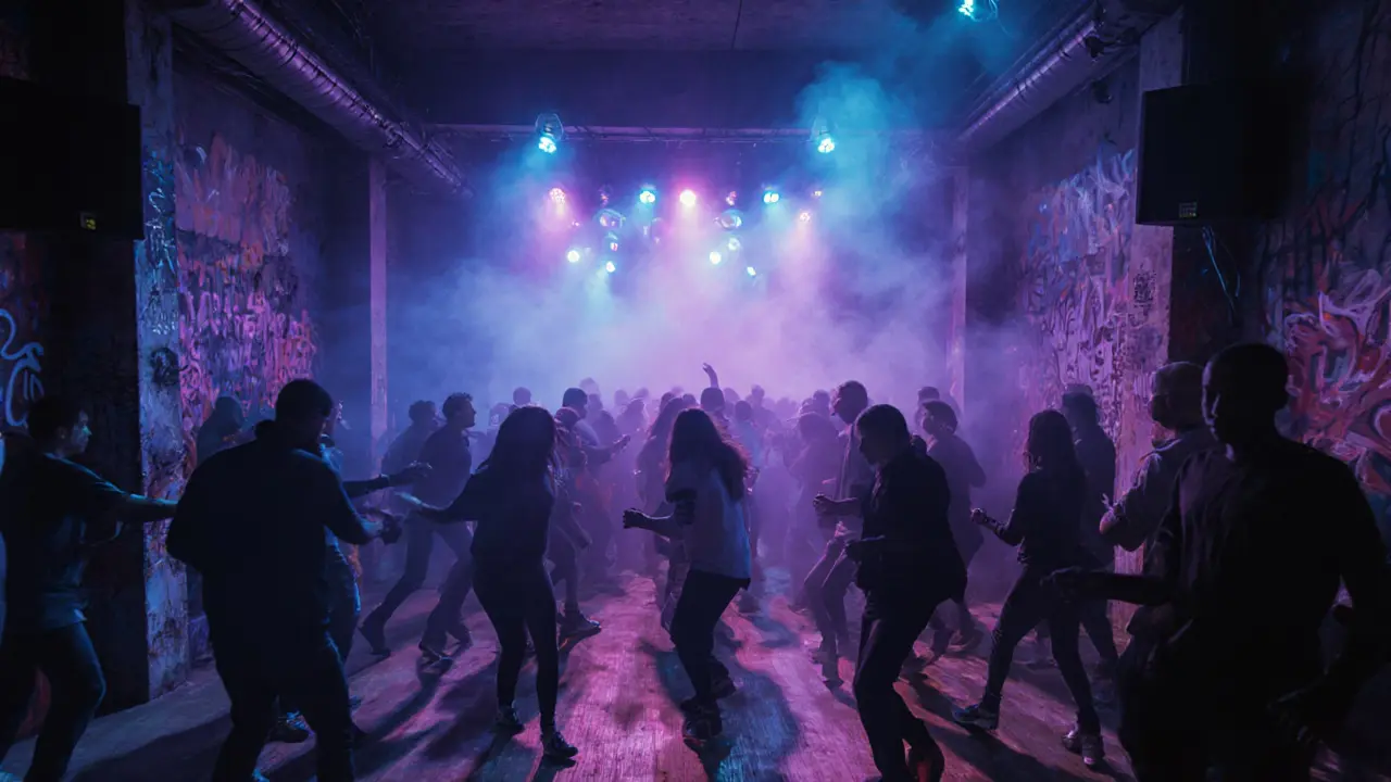Foule dansant dans un hangar électro sous des lumières stroboscopiques, énergie brute et basses vibrantes.