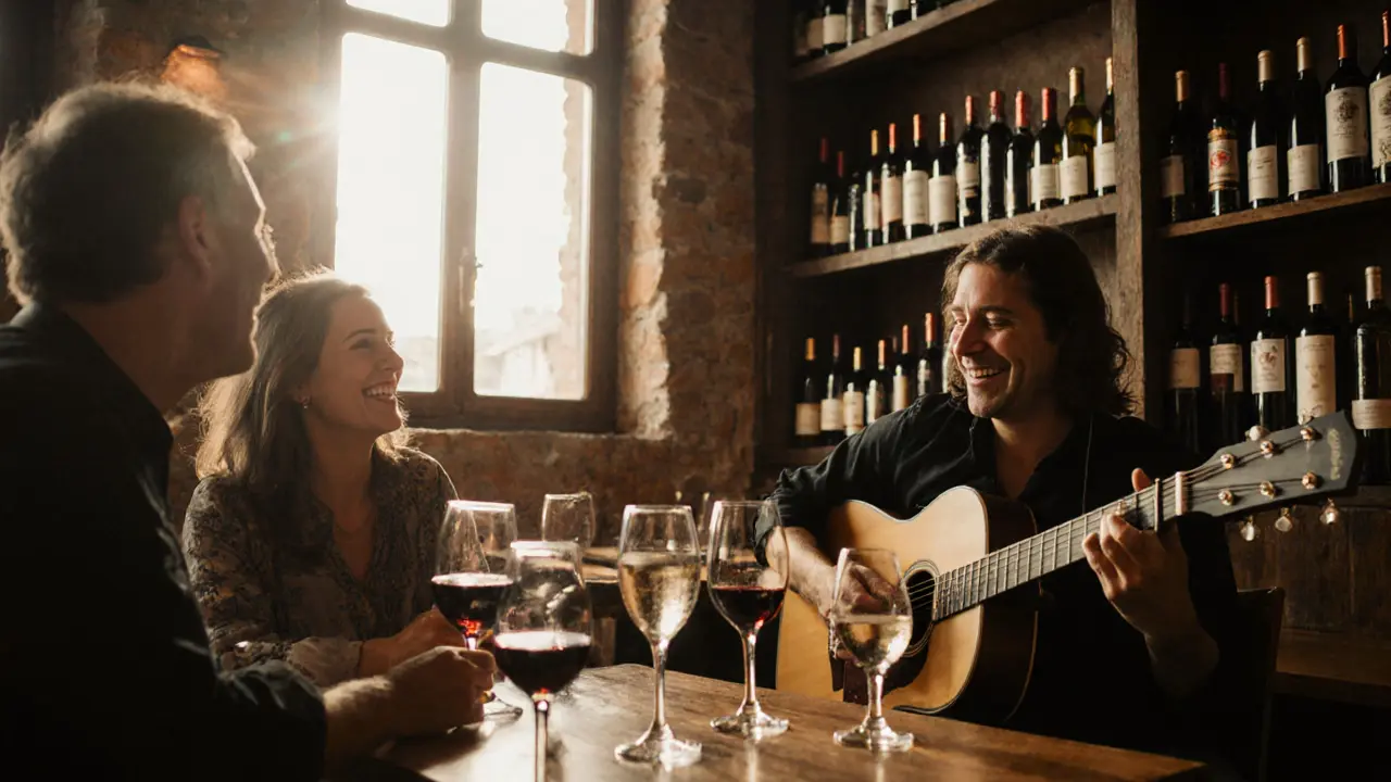 Groupe d&#039;amis savourant du vin dans un bar chaleureux, un guitariste joue en arrière-plan.