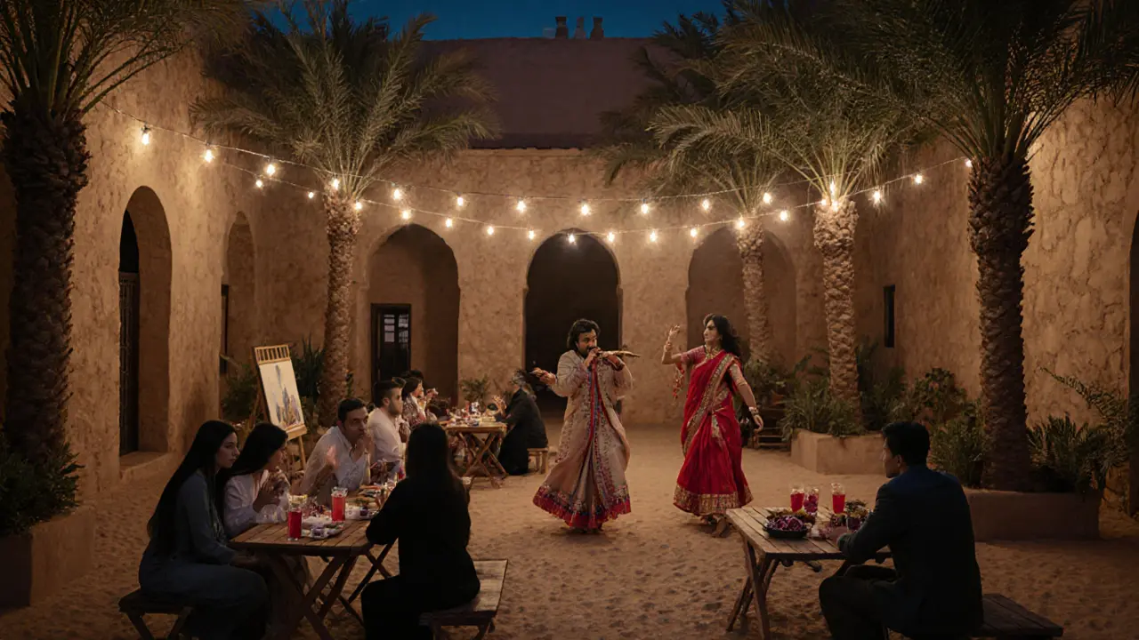 Hidden courtyard evening with musicians, dancers, and guests sharing food and stories under fairy lights and moonlight.
