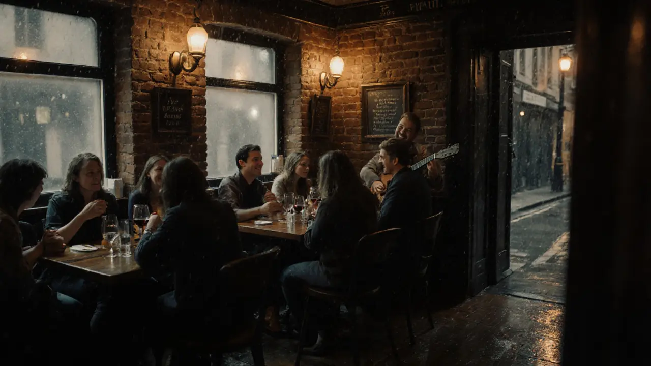 Le French House à Soho, avec des clients discutant doucement sous une lumière tamisée.