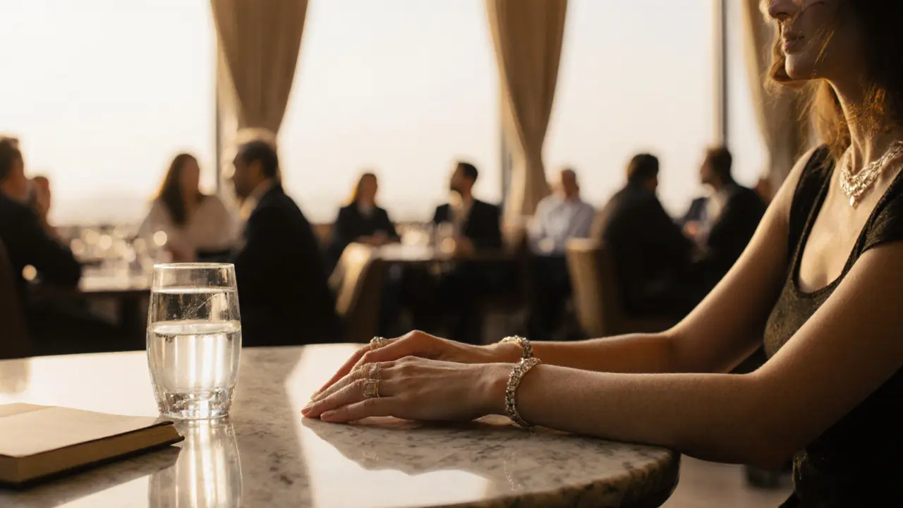 Mains reposant sur une table de marbre, dans un salon d&#039;Abu Dhabi, silence et élégance dans la posture.