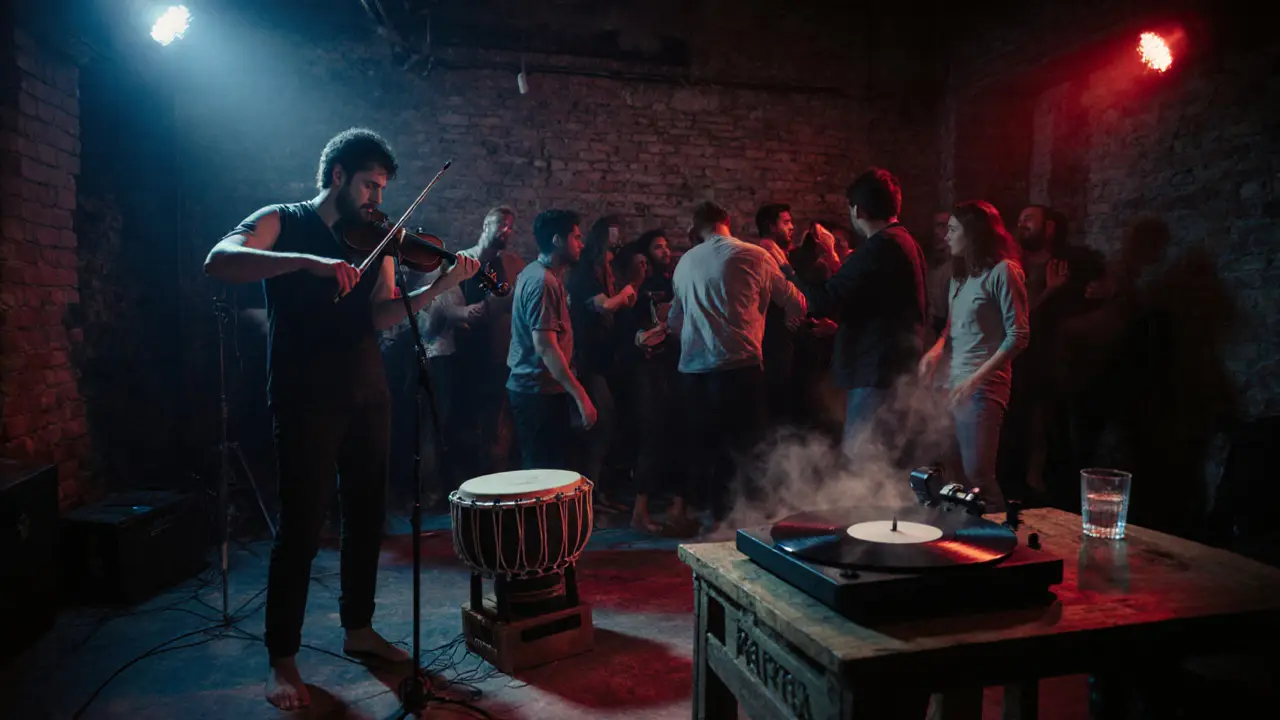 Musiciens improvisant dans un club souterrain de Karaköy, lumière néon et foule détendue.