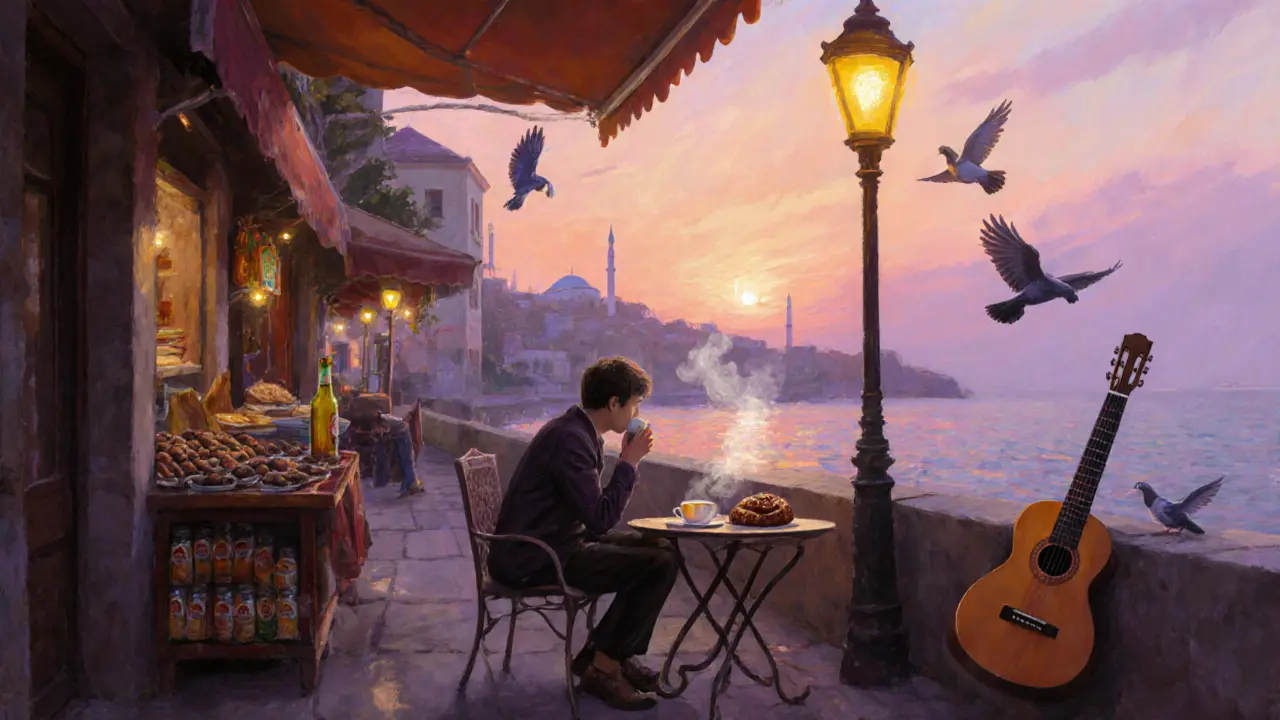 Petit-déjeuner au lever du soleil à Kadıköy, café et pâtisserie sur une terrasse paisible.