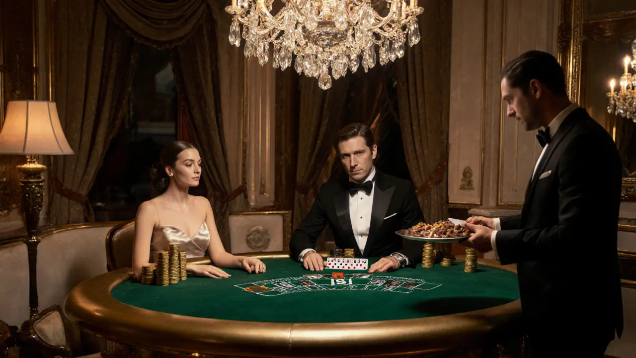Salle VIP du casino de Monaco avec des jetons en or et un jeu de baccarat en cours, éclairée par un lustre en cristal.