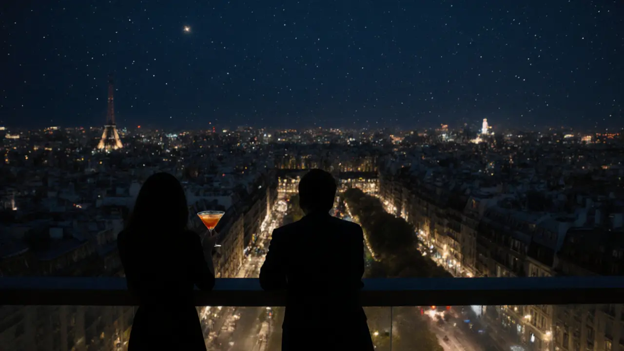 Silhouettes sur le toit du Shangri-La, Paris scintille en arrière-plan sous un ciel nocturne profond.