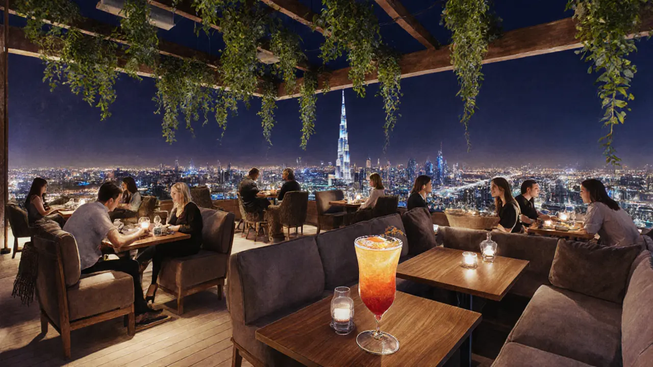 Terrasse luxuriante avec plantes vertes et lumières douces, patrons détendus sur des canapés.