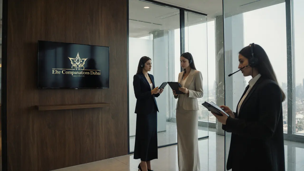 Trois professionnelles travaillent dans un bureau haut de gamme à Dubaï, entourées de technologie sécurisée.