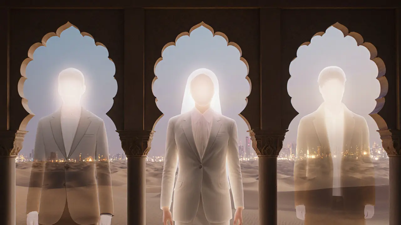 Trois silhouettes abstraites dans des arches arabes, symbolisant confiance, respect et présence authentique.