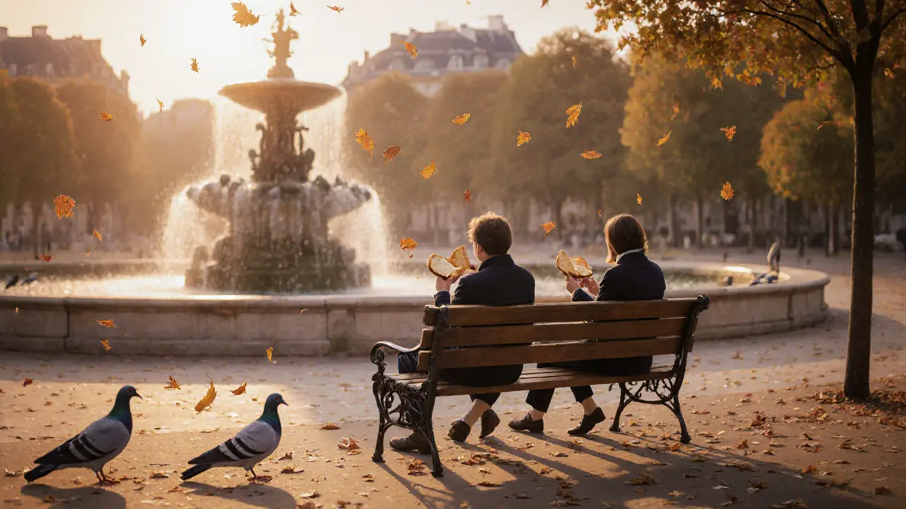 Un banc isolé près de la fontaine Médicis au jardin du Luxembourg, deux personnes partagent un repas simple au crépuscule.