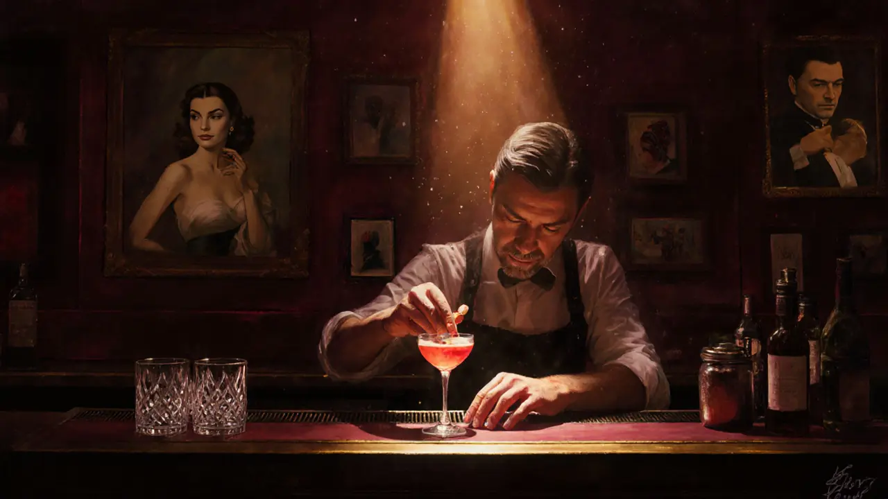 Un barman prépare un cocktail dans un bar intime de Brera, sous une lumière dorée et chaleureuse.