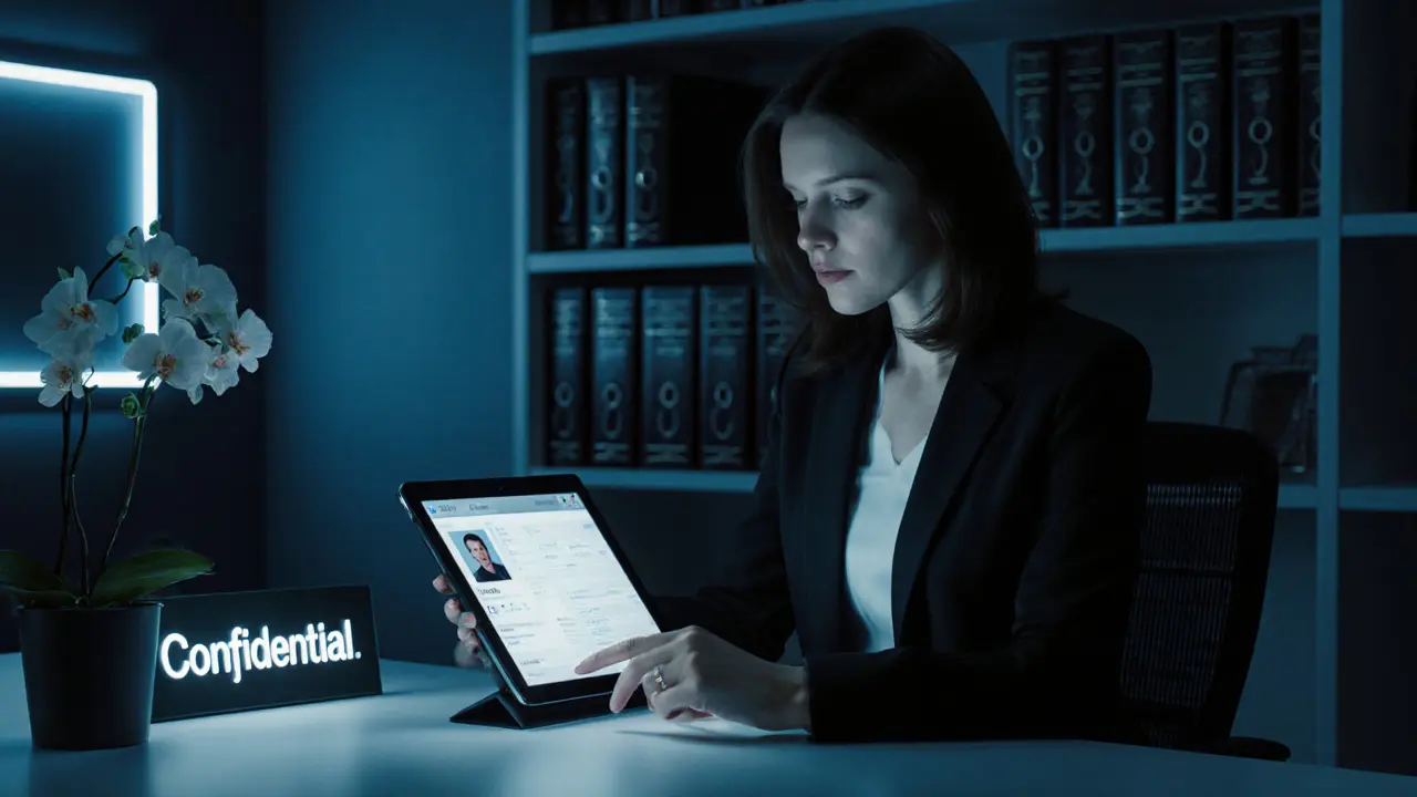 Un bureau discret d&#039;agence de compagnes à Abu Dhabi, avec une professionnelle en train de consulter un profil client.