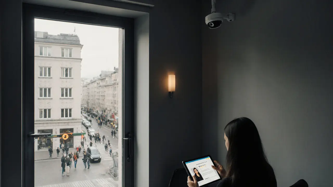 Un client attend sereinement dans un hall d&#039;appartement sécurisé, vérifiant un profil d&#039;escorte sur une tablette.