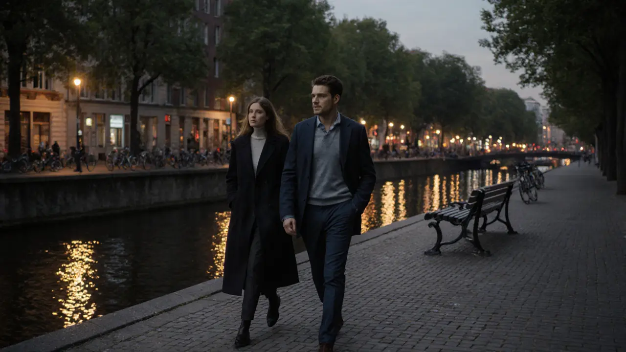 Un couple marchant le long de la Spree à Berlin au crépuscule, dans une atmosphère calme et respectueuse.