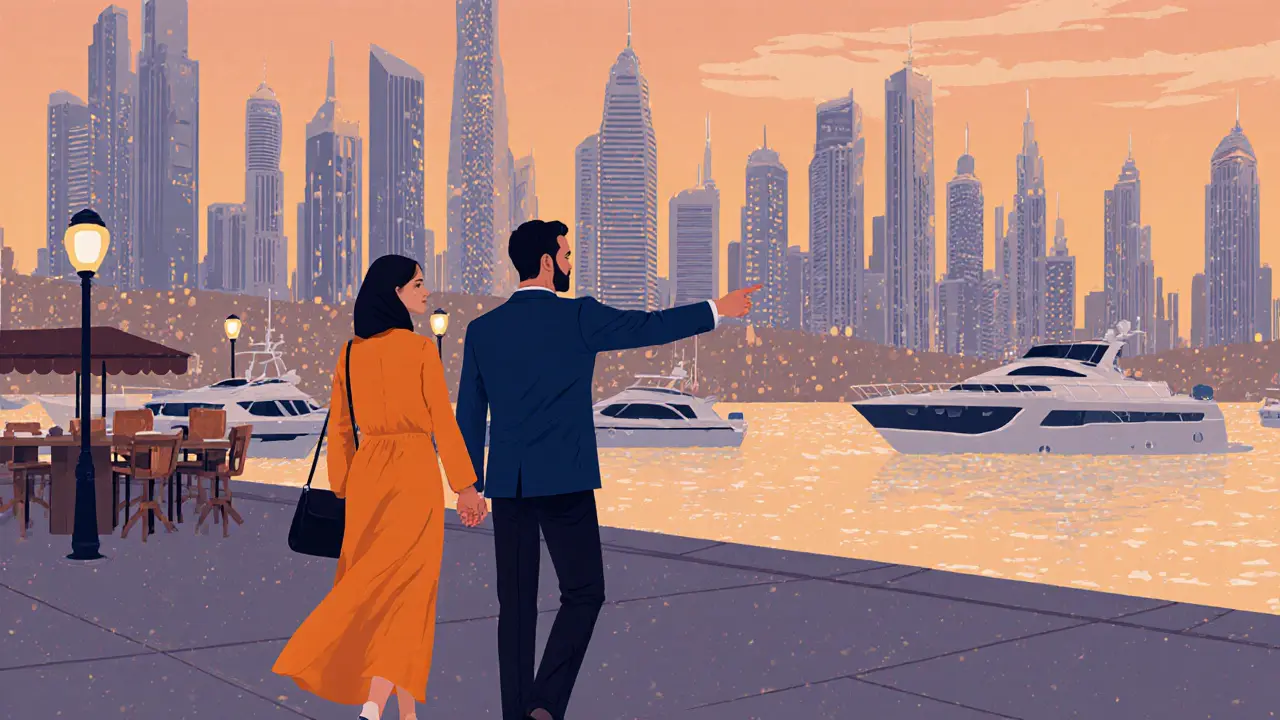Un couple marche main dans la main le long du Dubai Marina au coucher du soleil, les lumières de la ville scintillent à l&#039;arrière-plan.