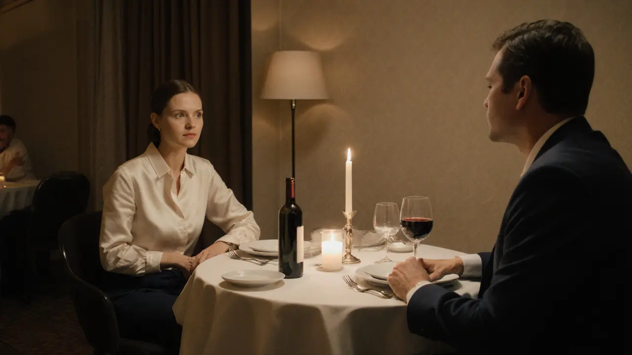 Un couple silencieux partage un dîner intime dans une salle privée d&#039;hôtel cinq étoiles.