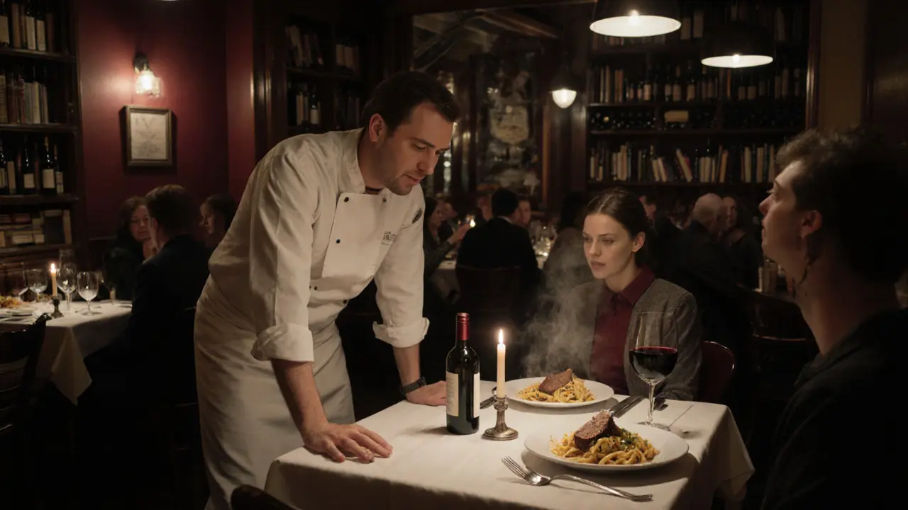 Un dîner authentique à Paris, avec un chef qui demande à un client si le plat est bon, dans un restaurant chaleureux et bondé.