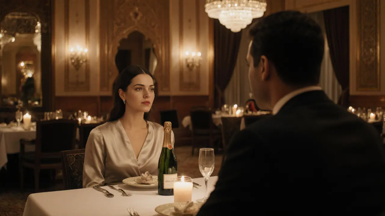 Un dîner intime dans un salon VIP de l&#039;hôtel Emirates Palace, lumière douce et ambiance raffinée.