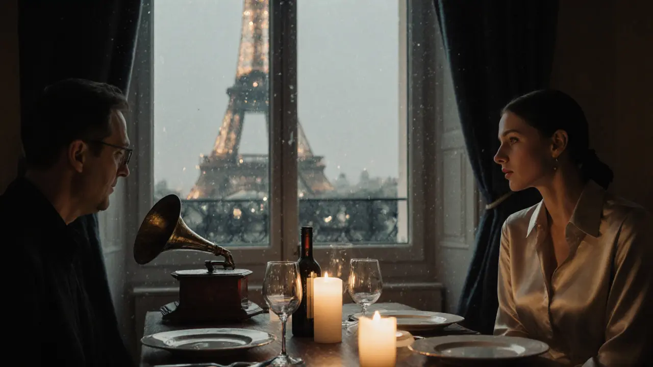 Un dîner intime en candlelight dans un appartement parisien, avec une bouteille de Bordeaux et une musique de jazz.