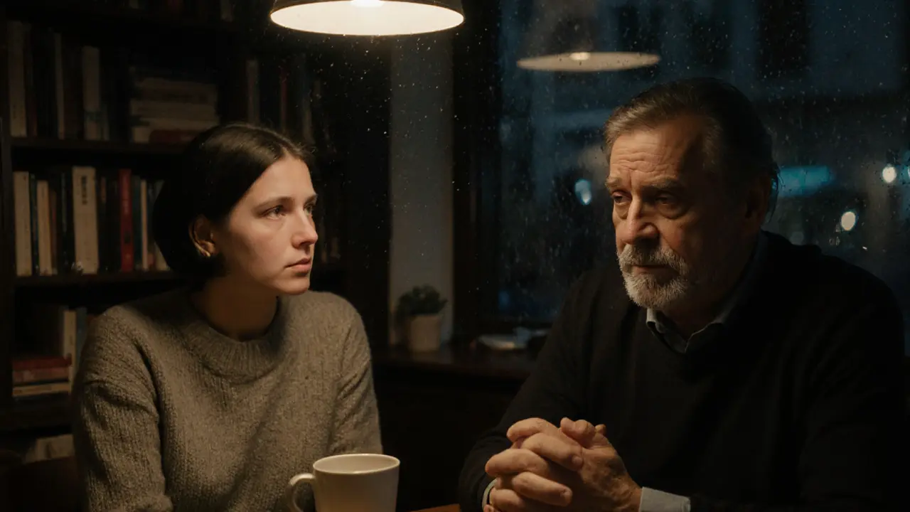 Un homme dans un café de Neukölln, parlant à une femme qui l&#039;écoute avec attention, la pluie sur la fenêtre.