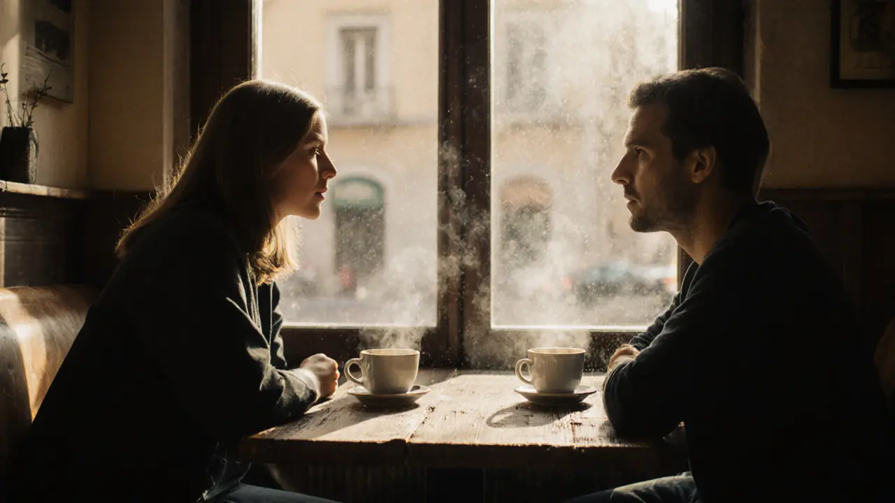 Un homme et une femme discutent doucement dans un café milanais tôt le matin, sans téléphone ni distractions.