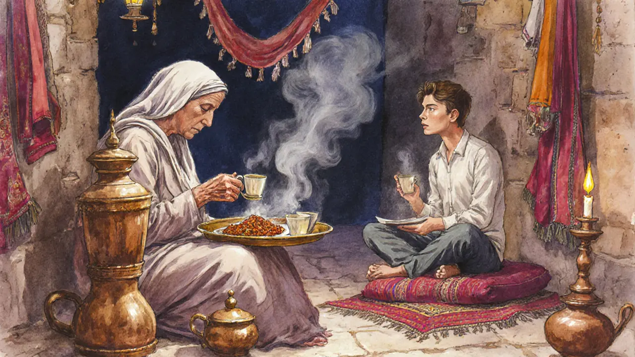 Un marché nocturne avec des artisans, de la nourriture et un poète qui récite sous la lumière des bougies.