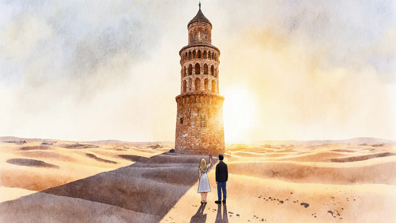 Un minaret ancien baigné de lumière dorée, une femme montre le ciel à un homme en pleine contemplation.