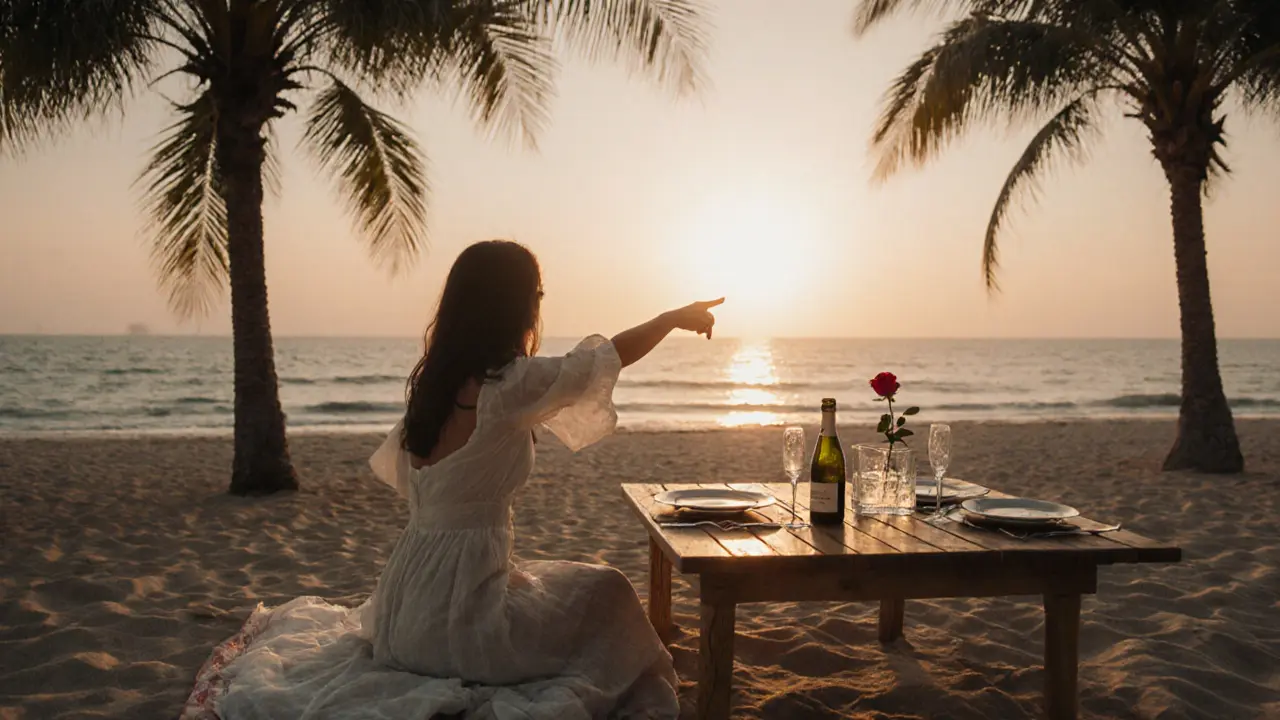 Un pique-nique privé sur une plage déserte de Dubaï, avec table dressée et bouteille de champagne au coucher du soleil.