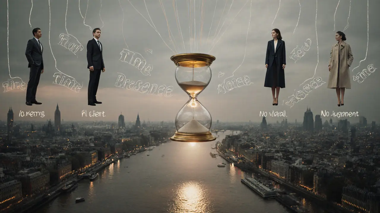 Un sablier doré flottant au-dessus de la Tamise, symbole du temps et de la présence humaine.