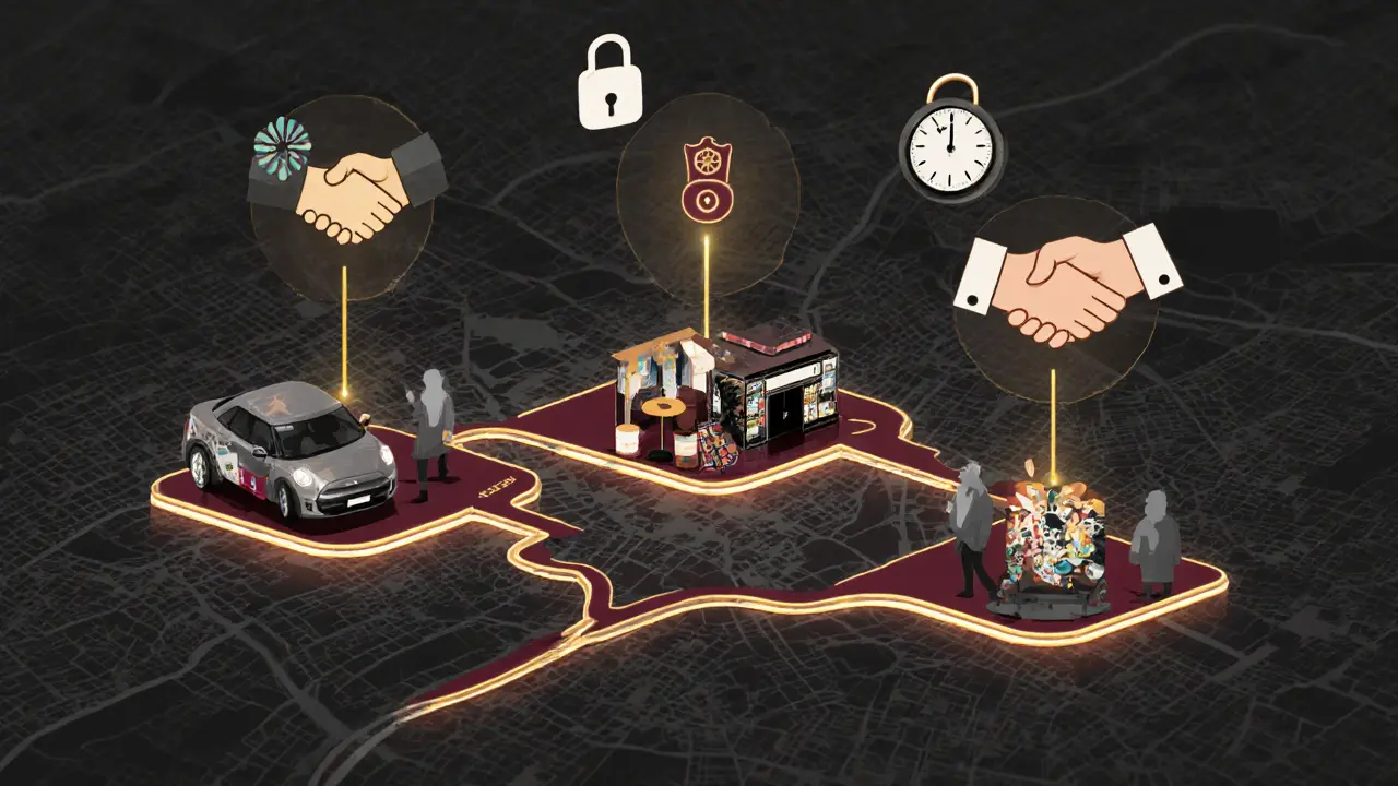 Une carte conceptuelle de trois quartiers de Londres avec symboles de confiance et sécurité.