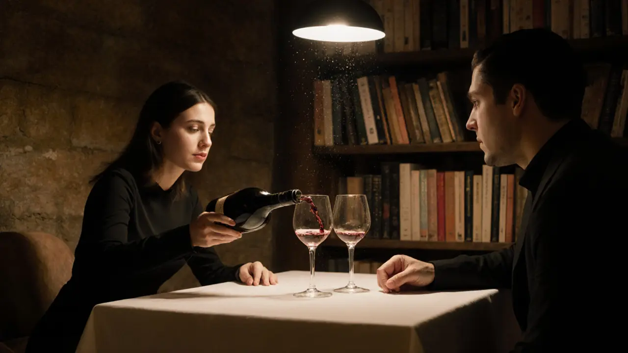 Une dégustation de vin dans une cave discrète de Brera, avec des livres d&#039;art et une lumière douce.