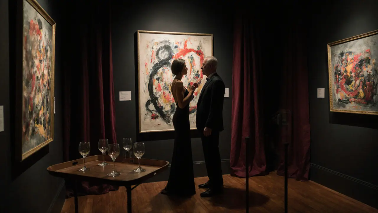 Une escort de luxe discutant d&#039;une œuvre d&#039;art contemporain dans une galerie privée de Chelsea.