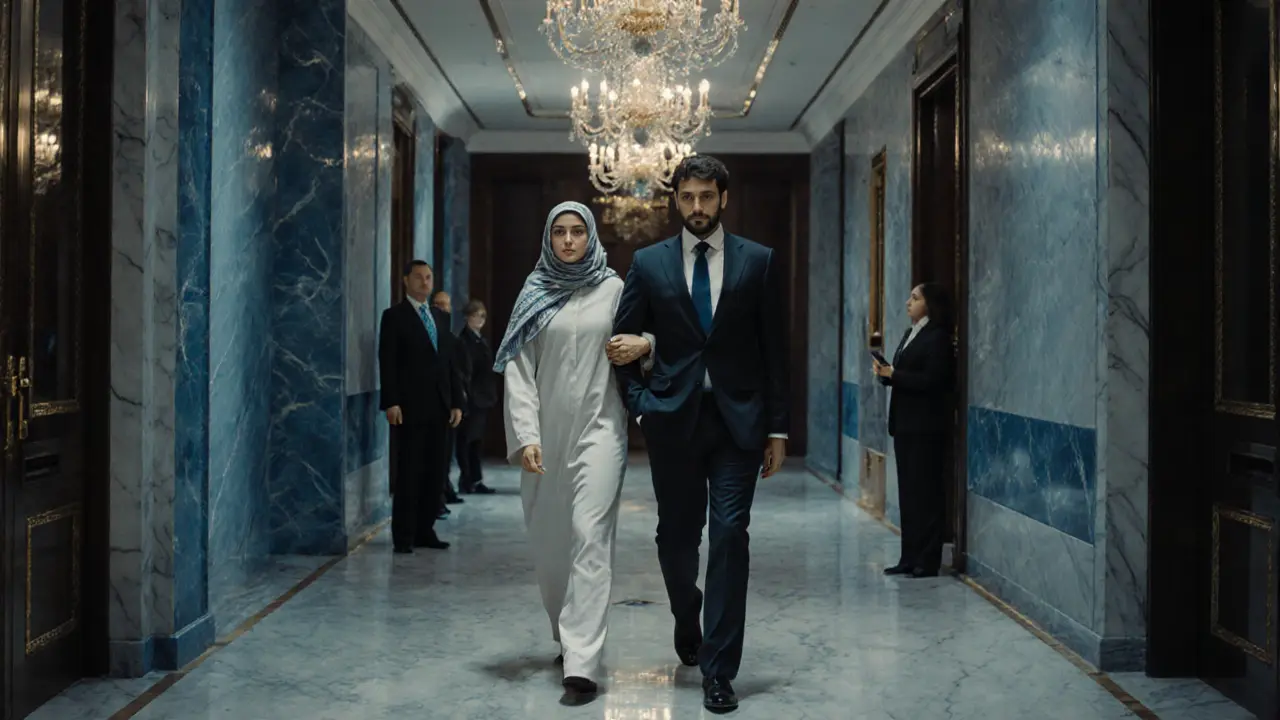 Une femme en abaya marche silencieusement dans un hall d&#039;hôtel de luxe aux côtés d&#039;un homme, sans contact physique.