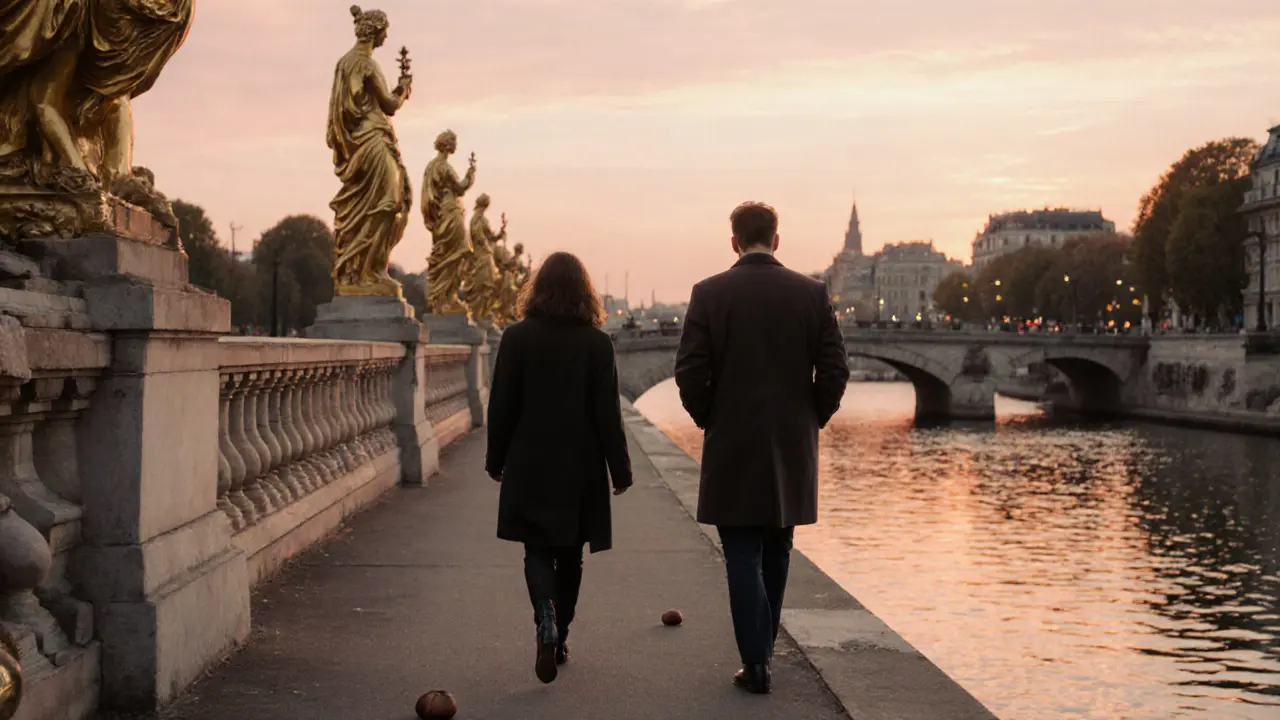 Une femme et un homme marchent en silence sur le pont Alexandre-III au coucher du soleil, le reflet de la Seine flottant entre eux.