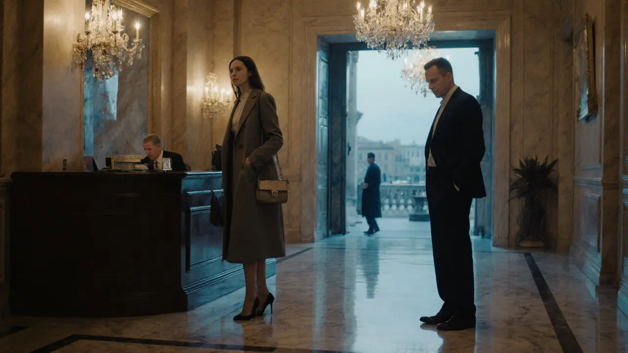 Une femme et un homme se rencontrent discrètement dans un hall d&#039;hôtel de Porta Venezia, Milan, en toute retenue.