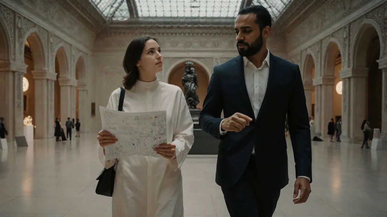 Une femme expatriée et un escort masculin visitent le Louvre Abu Dhabi en toute discrétion.