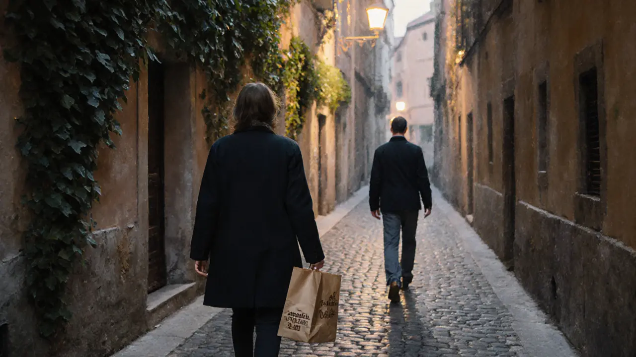 Une femme marche dans une ruelle tranquille de Milan, suivie à distance par un homme respectueux au crépuscule.