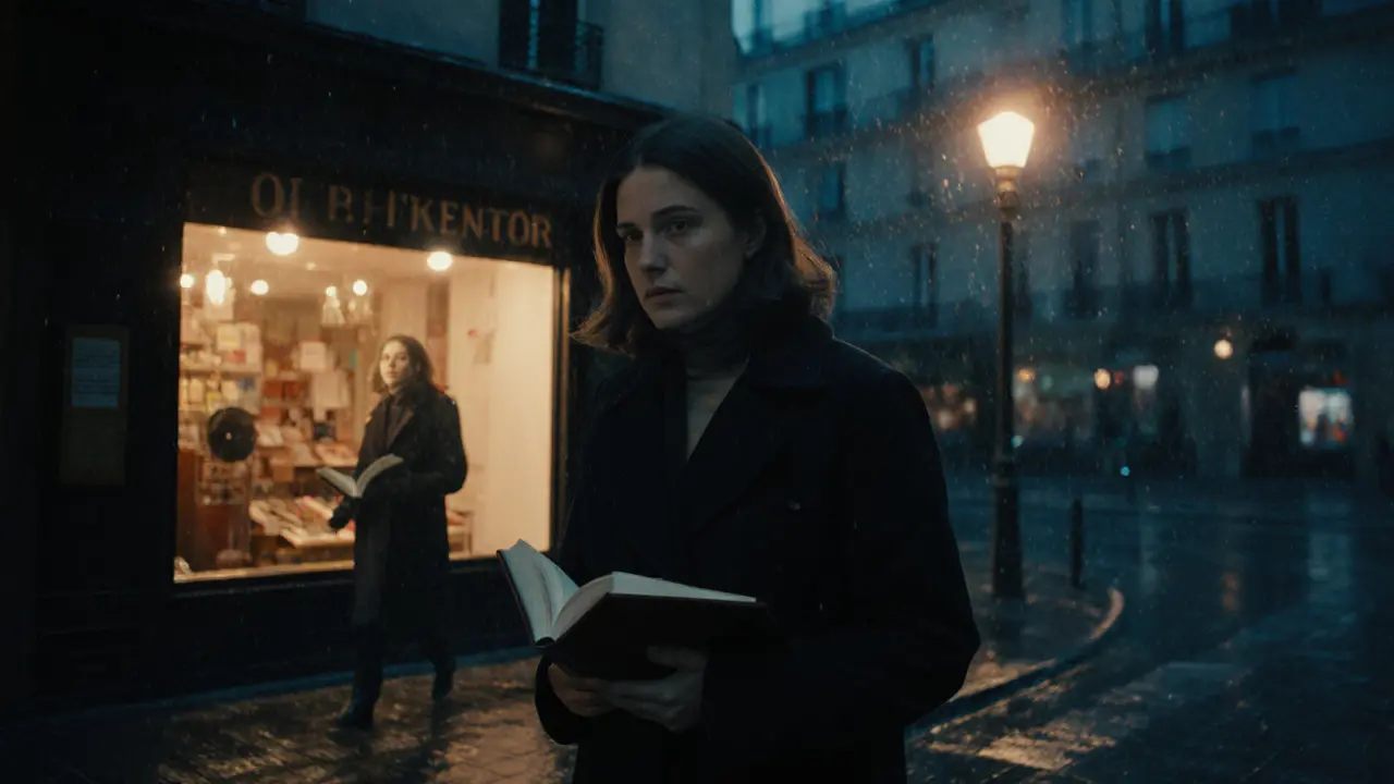 Une femme marche seule sous la pluie dans les rues de Paris, tenant un livre, son ombre reflétée sur le trottoir mouillé.