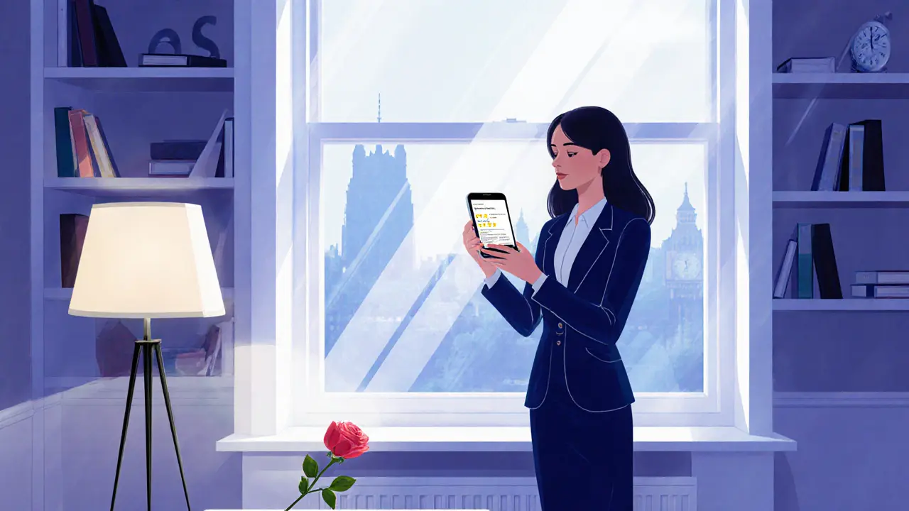 Une femme professionnelle dans un appartement élégant, vérifiant un avis sur son téléphone.