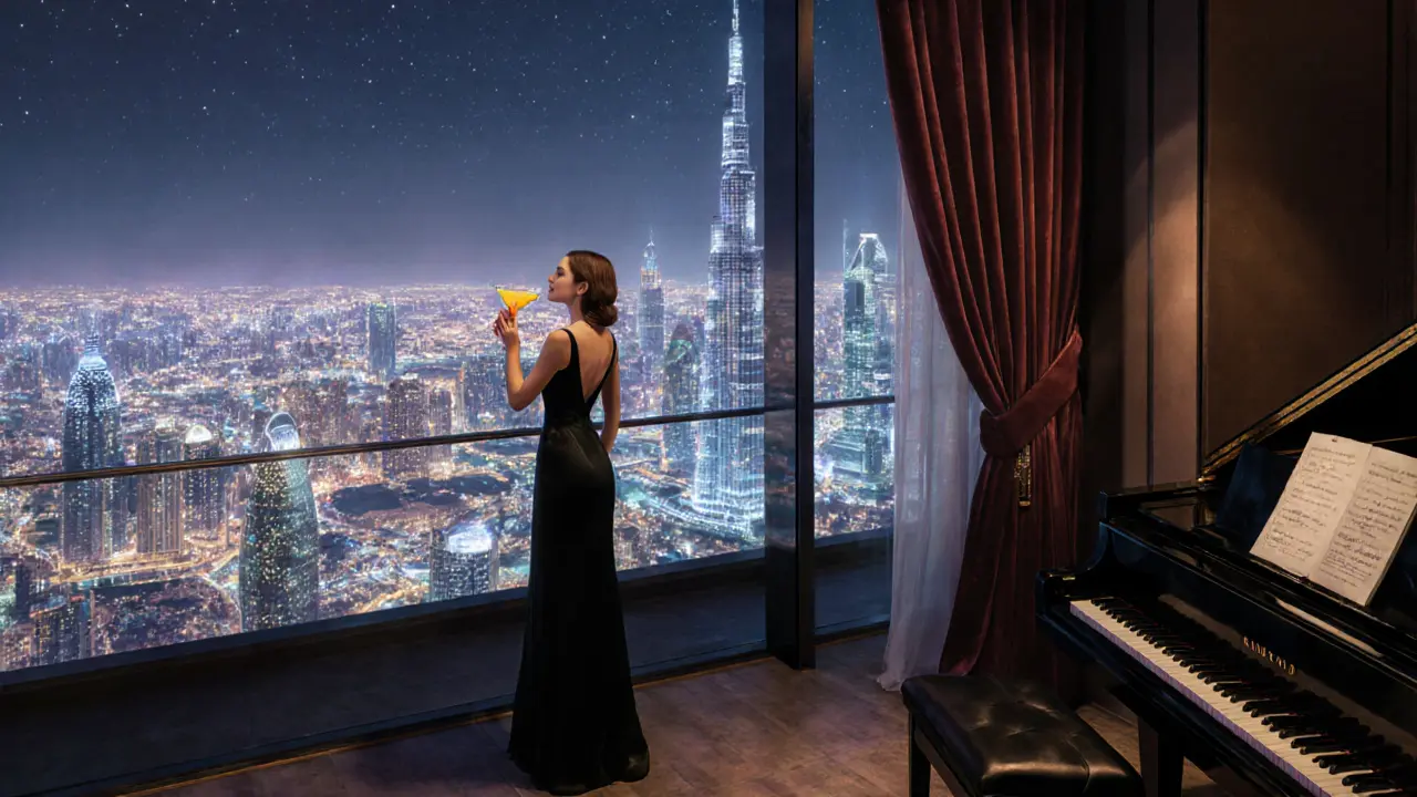 Une femme regardant la vue de Dubaï depuis un bar haut dans le Burj Khalifa, en robe noire.